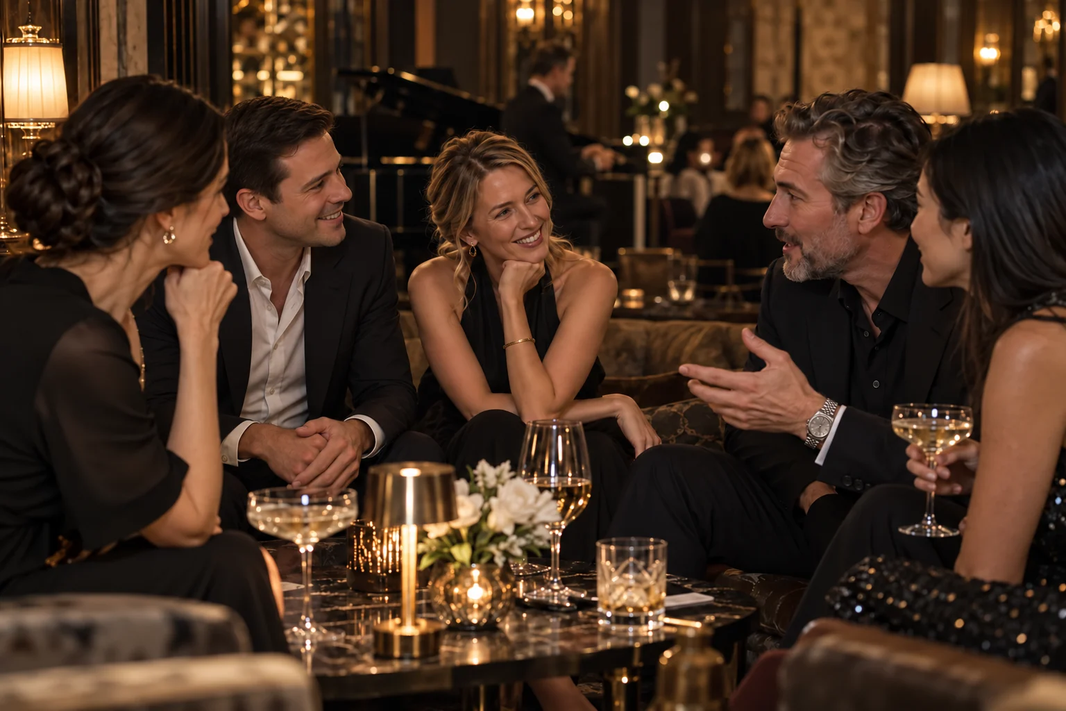 Menschen im persönlichen Gespräch in einer eleganten Lounge – KI-generiertes Stimmungsmotiv